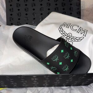 MCM Black and Green Slide Sandals